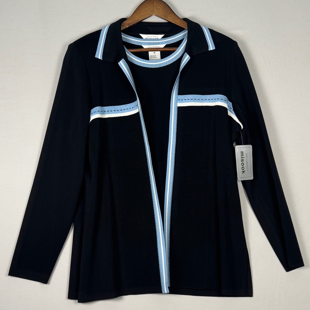 Misook 2 Piece Knit Set Women M Black NWT Vintage 90s Cardigan Shell Striped